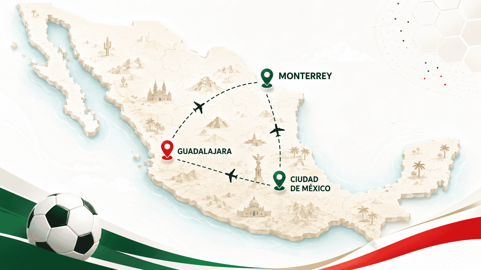 Mapa de México con ruta entre Ciudad de México, Guadalajara y Monterrey