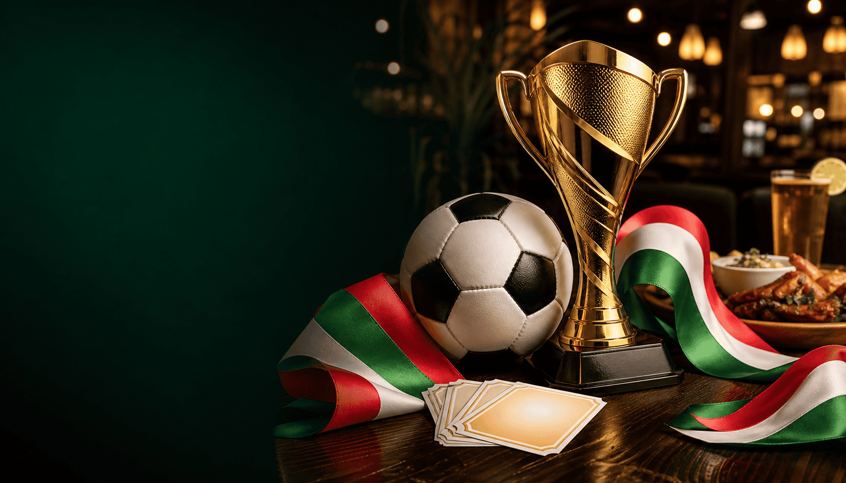 Mesa de bar con balón genérico, premio dorado y tarjetas de quiniela